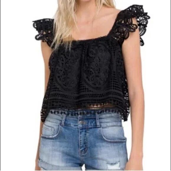 Endless Rose Black Flounce Lace Eyelet Top Size M dark Romantic Whimsy Fairy - Picture 1 of 8